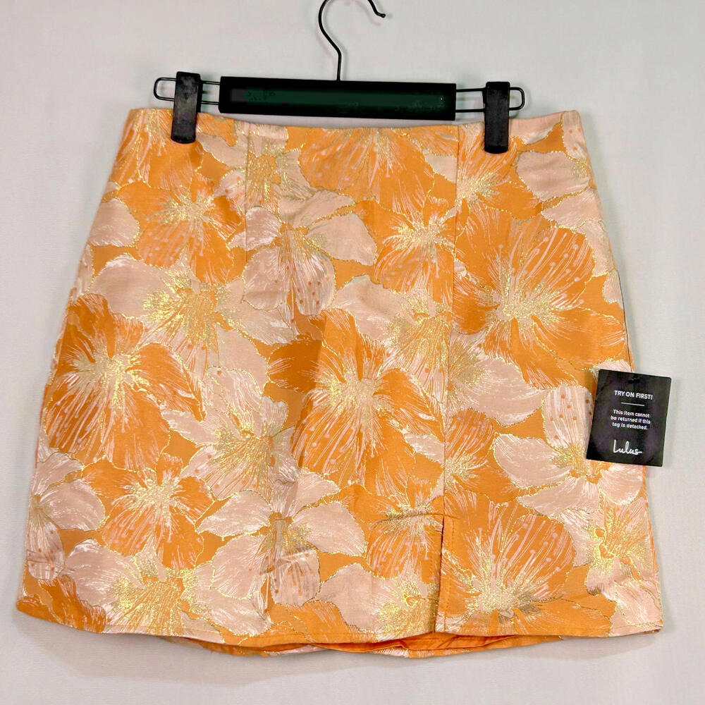 Lulus Floral Jacquard Mini Skirt Size 6 Orange Gold Lined Back Zip NWT